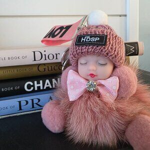 Cute Baby Sleeping Keychain with LOVE tag, Plush rabbit fur, Bag Charm